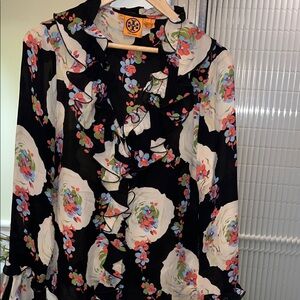 Tory Burch Black Floral Ruffle100% Silk Top - size 6 - brand new without tags